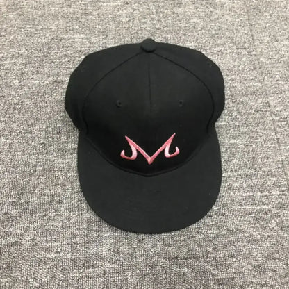 Black cotton dragon ball buu snapback cap featuring a pink embroidered m logo for hip hop style