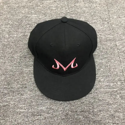 Black cotton dragon ball buu snapback cap with a pink embroidered m logo hip hop hat design
