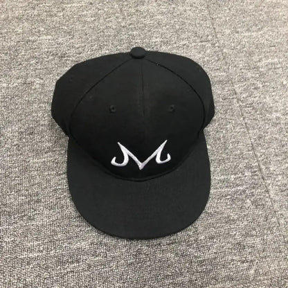 Black cotton snapback cap with white embroidered m logo front for dragon ball buu hip hop style