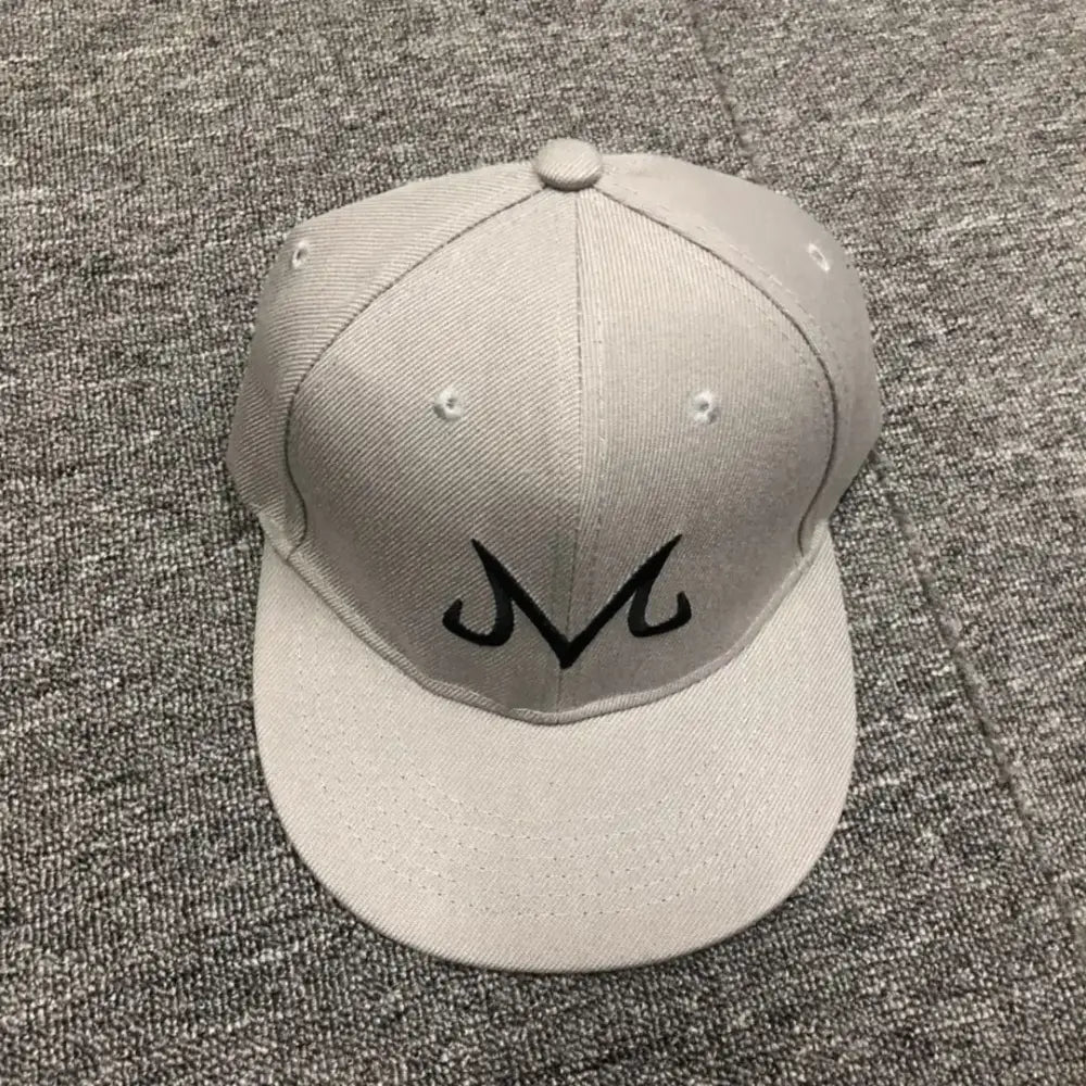 Light gray cotton dragon ball buu snapback cap with black embroidered m logo hip hop hat
