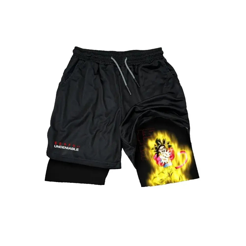 Black dragon ball frieza sport shorts with vibrant yellow and red goku super saiyan graphic and elastic waistband