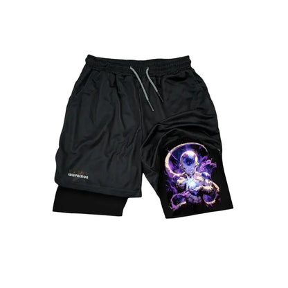 Black dragon ball frieza sport shorts with purple and white astronaut graphic and drawstring waistband double-layer dry fit