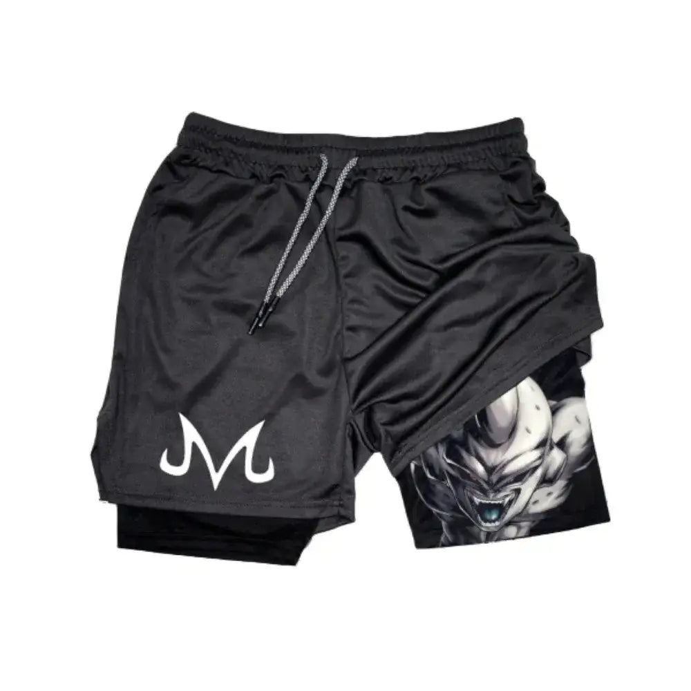 Black double-layer dry fit dragon ball frieza sport shorts with silver drawstrings and grayscale frieza face illustration