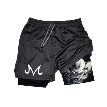Black double-layer dry fit dragon ball frieza sport shorts with silver drawstrings and grayscale frieza face illustration