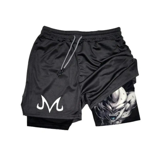 Black double-layer dry fit dragon ball frieza sport shorts with silver drawstrings and grayscale frieza face illustration