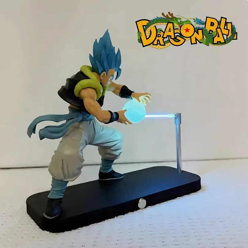 Blue-haired dragon ball gogeta figure in black and green armor on black base with illuminated energy beam led lamp