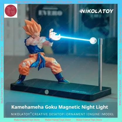 Dragon ball gogeta magnetic led lamp featuring goku figurine with orange hair and glowing blue kamehameha beam premium display