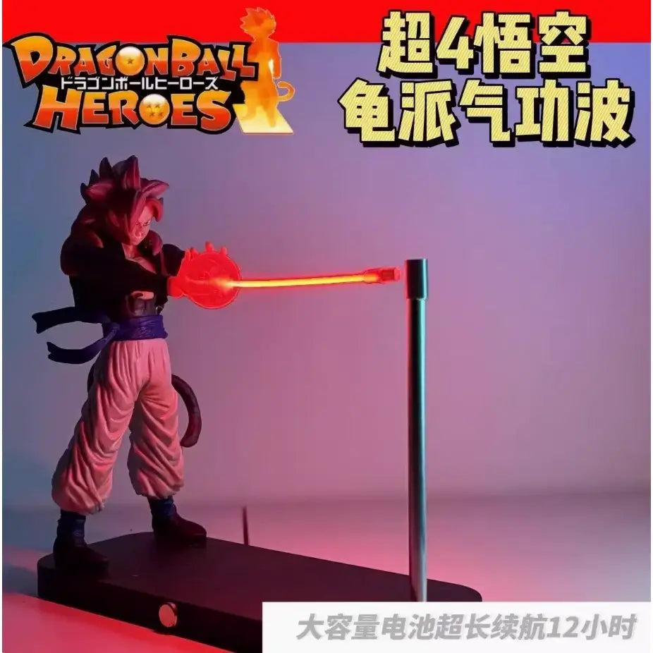 A detailed figurine of super saiyan 4 goku with spiky red hair on dragon ball gogeta premium display led lamp