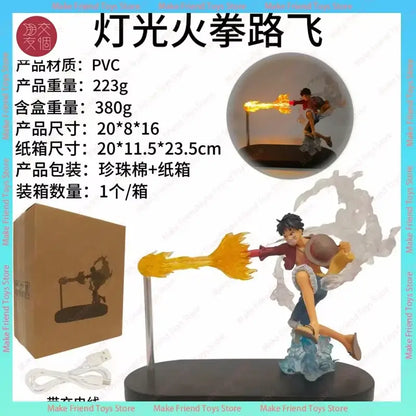 A pvc figurine of luffy from one piece with glowing orange flame effects featured in a dragon ball gogeta premium display lamp