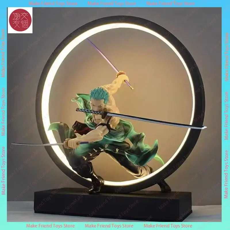 A dynamic dragon ball gogeta figurine with spiky teal hair mid-sword swing in a circular led-lit rechargeable lamp