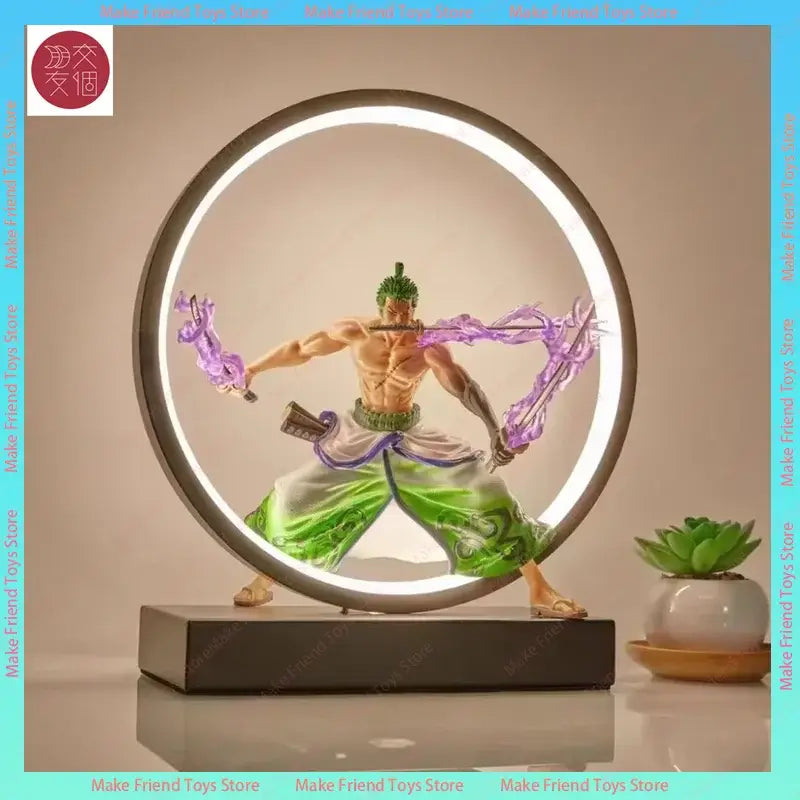 A rechargeable dragon ball gogeta magnetic led lamp features a glowing circular led with roronoa zoro figurine and purple energy effects