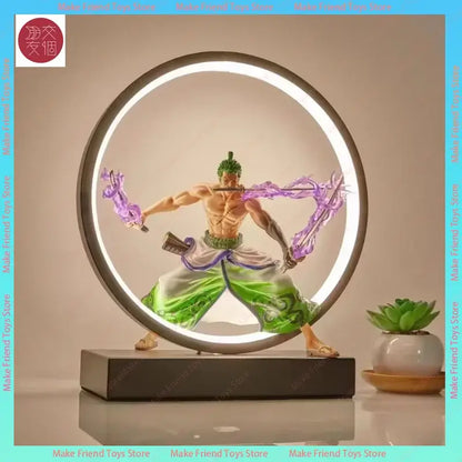 A rechargeable dragon ball gogeta magnetic led lamp features a glowing circular led with roronoa zoro figurine and purple energy effects