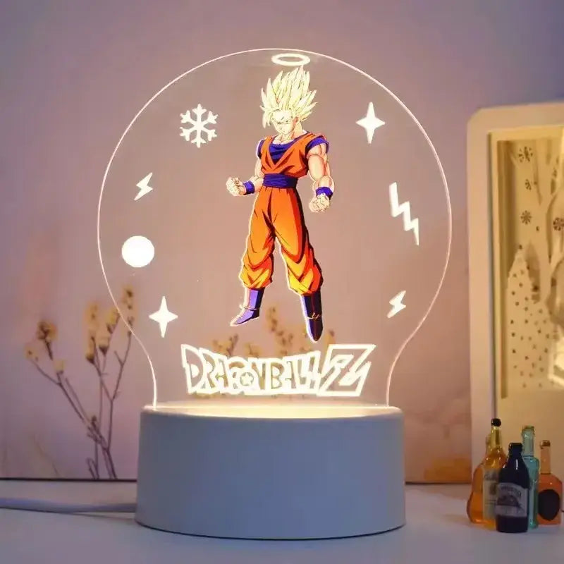 Glowing transparent globe led night light featuring 3d super saiyan goku in orange and purple as desk lamp decor