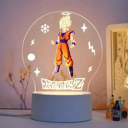 Glowing transparent globe led night light featuring 3d super saiyan goku in orange and purple as desk lamp decor