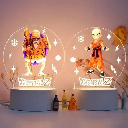 Two illuminated circular led night lights featuring dragon ball z characters master roshi and goku as desk lamp decor