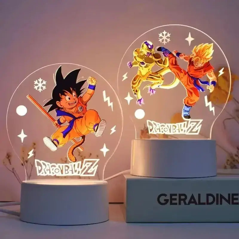 Two translucent circular led night lights featuring illuminated dragon ball z characters goku and frieza desk lamp decor
