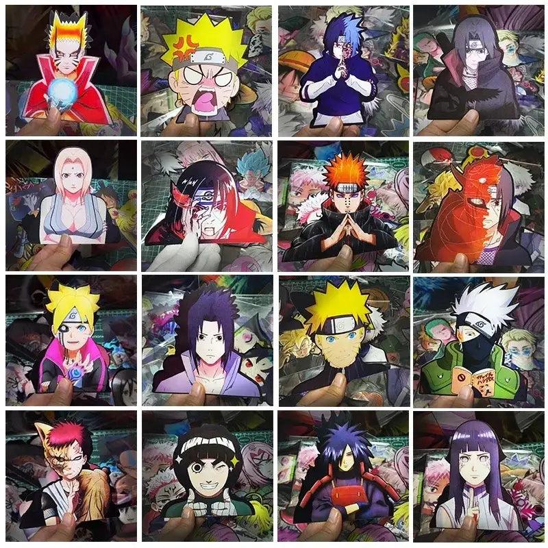 A collection of colorful naruto character cutouts held in hands featuring dragon ball goku 3d lenticular waterproof decal