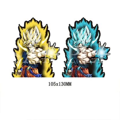 Two vibrant dragon ball goku super saiyan lenticular stickers with golden and blue hair featuring strong adhesive