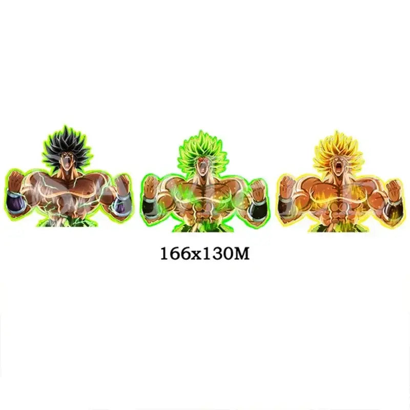 Three vibrant muscular dragon ball anime characters with green and yellow aura on a waterproof lenticular sticker decal