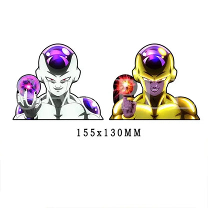 Two anime-style frieza decals in white and golden forms holding glowing spheres on a dragon ball lenticular sticker with strong adhesive