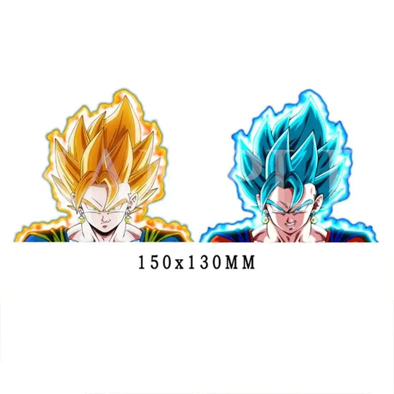 Two anime-style dragon ball lenticular stickers of goku and vegeta in super saiyan forms with strong adhesive