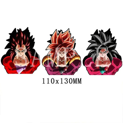 Three dragon ball goku lenticular stickers with strong adhesive featuring super saiyan blue in red purple outfits
