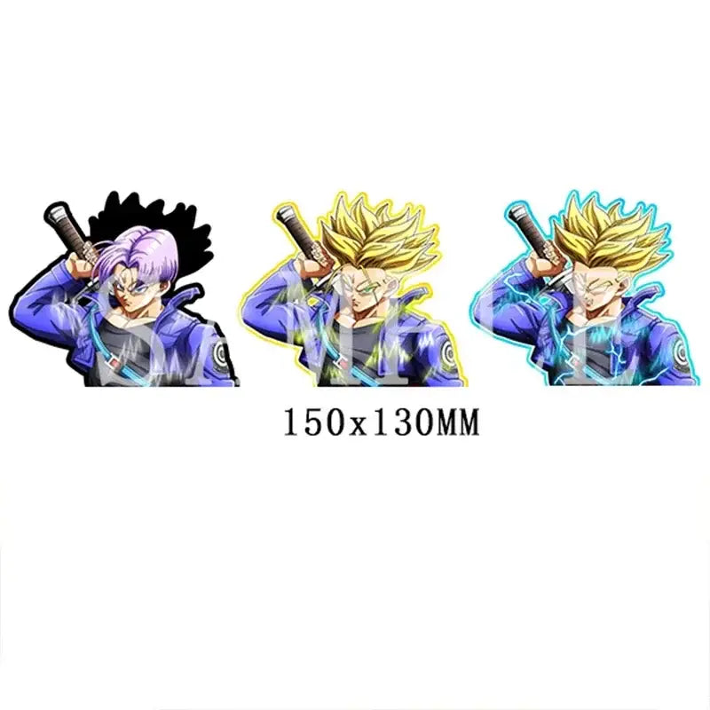 Three dragon ball trunks anime character decals in varied colors on waterproof 3d lenticular sticker decal