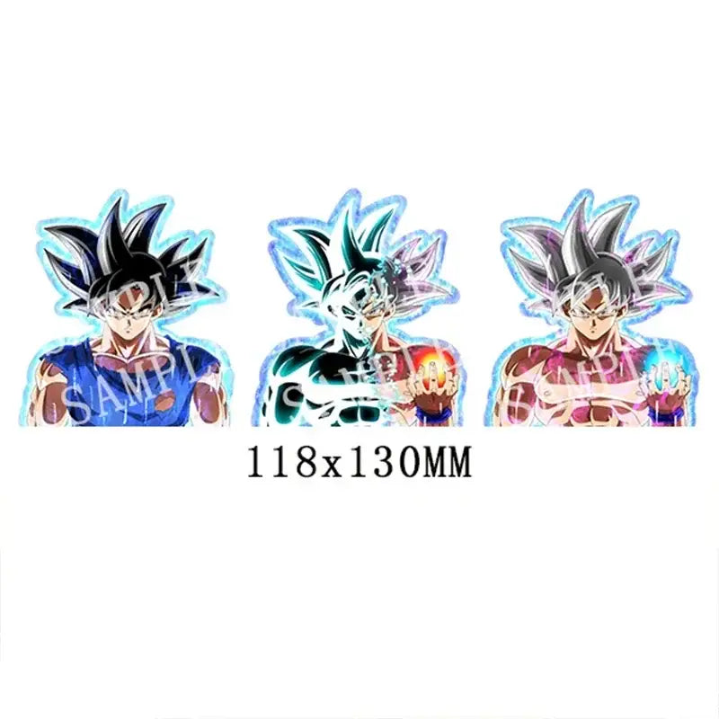 Three colorful anime-style dragon ball goku lenticular stickers with spiky hair and waterproof decal finish