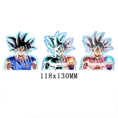 Three colorful anime-style dragon ball goku lenticular stickers with spiky hair and waterproof decal finish