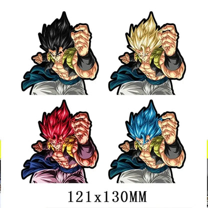 Four colorful dragon ball gogeta lenticular stickers with black golden blonde red and blue hair waterproof decal