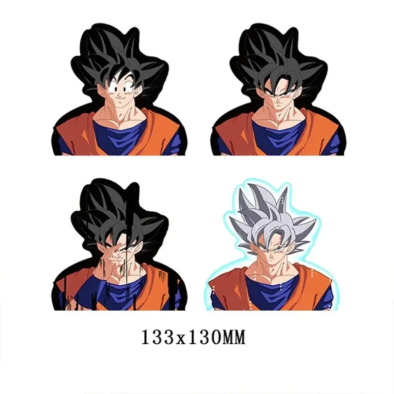 Four illustrated dragon ball goku lenticular stickers with black and silver hair wearing orange vest with strong adhesive