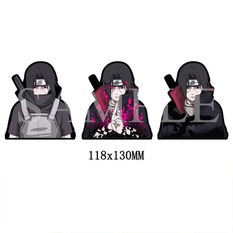 Three anime-style sasuke uchiha acrylic standees with black hooded outfits and red accents for dragon ball lenticular sticker waterproof decal