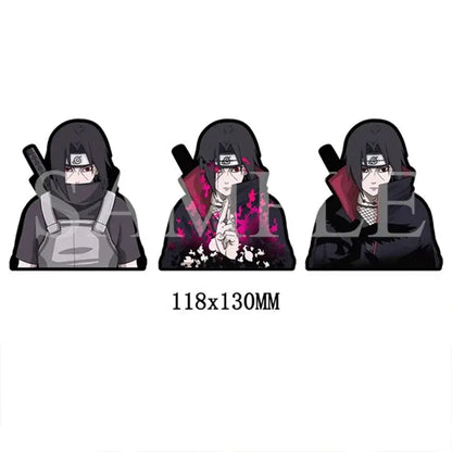 Three anime-style sasuke uchiha acrylic standees with black hooded outfits and red accents for dragon ball lenticular sticker waterproof decal