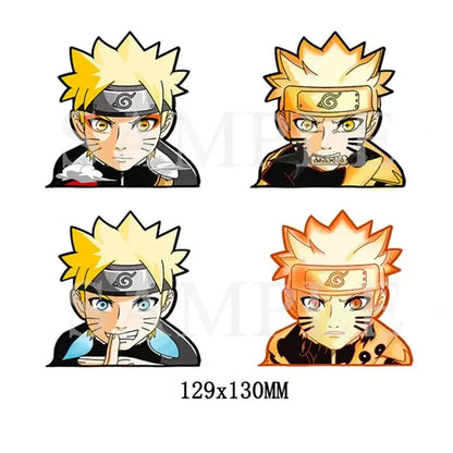 Four cartoon-style naruto head pins with colored eyes and uzumaki clan headbands in a dragon ball 3d lenticular waterproof decal
