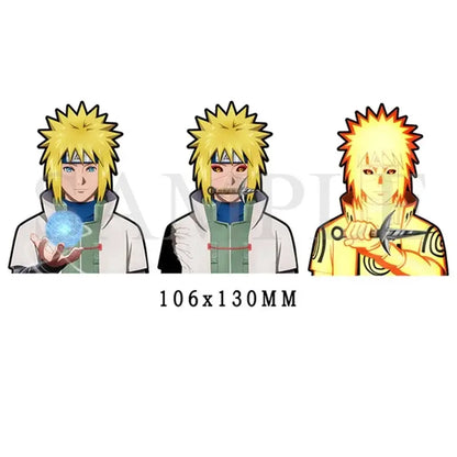 Three illustrated spiky-haired naruto character pins with blue chakra sphere in a dragon ball waterproof lenticular sticker decal