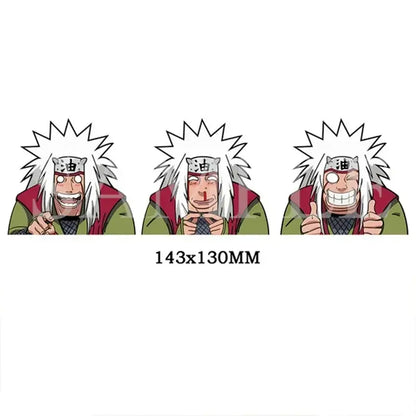 Set of three lenticular stickers featuring jiraiya from dragon ball with spiky white hair and waterproof decal design