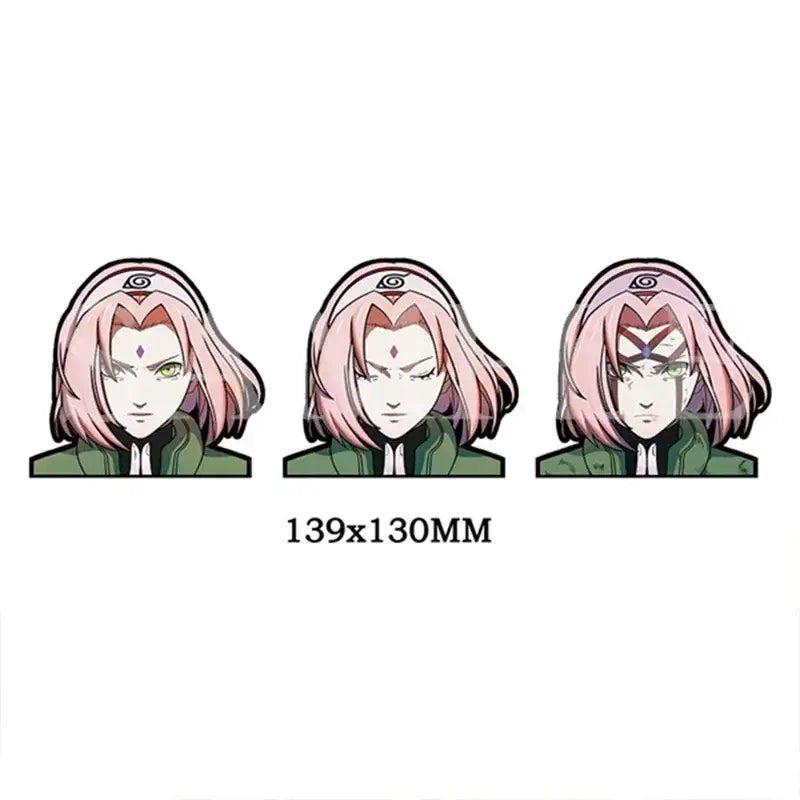 Three pink-haired sakura haruno pins with green jackets shown alongside dragon ball goku 3d lenticular waterproof decal