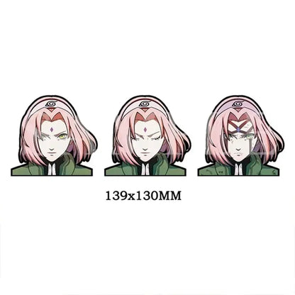 Three pink-haired sakura haruno pins with green jackets shown alongside dragon ball goku 3d lenticular waterproof decal