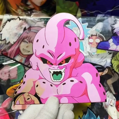 Pink cartoonish majin buu dragon ball lenticular sticker with black spots green tongue and strong adhesive waterproof decal