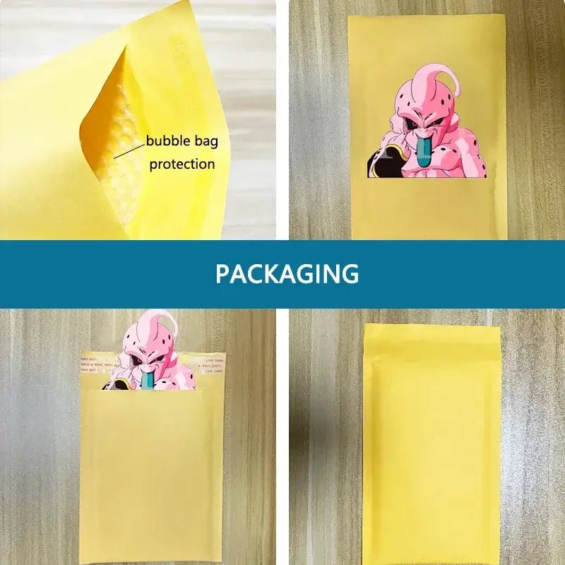 Yellow padded envelope with pink dragon ball goku 3d lenticular sticker featuring strong adhesive waterproof decal