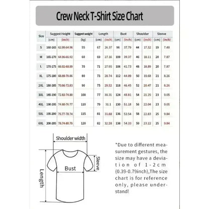 Crew neck dragon ball goku 3d printed t-shirt size chart in cm and inches for y2k style unisex s to 6xl