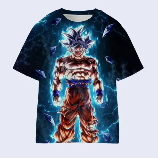 Black short-sleeved t-shirt with vibrant 3d-printed y2k style goku super saiyan blue graphic and blue lightning shards