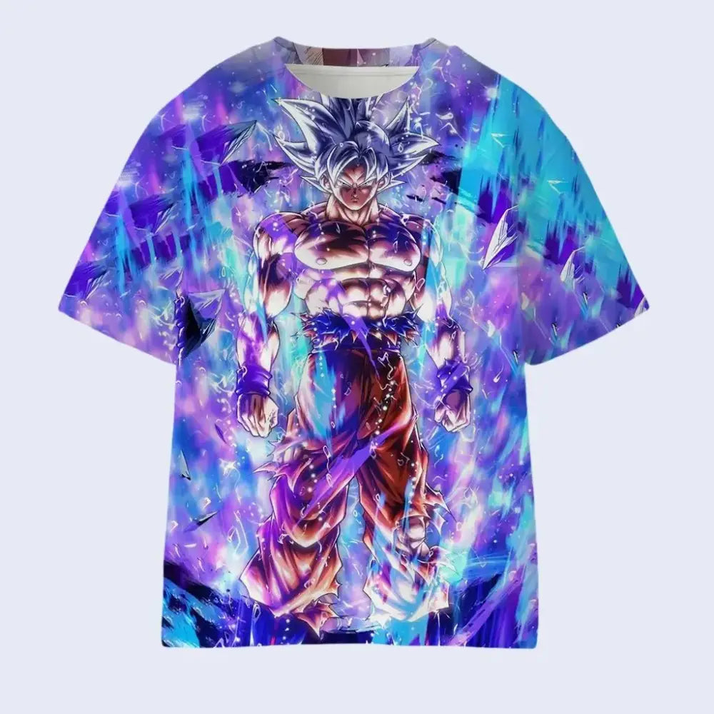 Vibrant purple and blue y2k style dragon ball goku 3d printed t-shirt with silver hair anime character and glowing aura