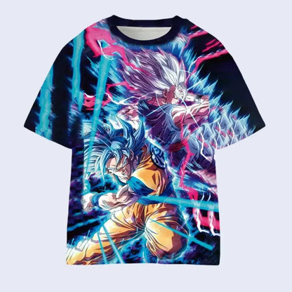 Vibrant y2k style dragon ball goku 3d printed unisex t-shirt with dynamic blue and pink energy battle design on black
