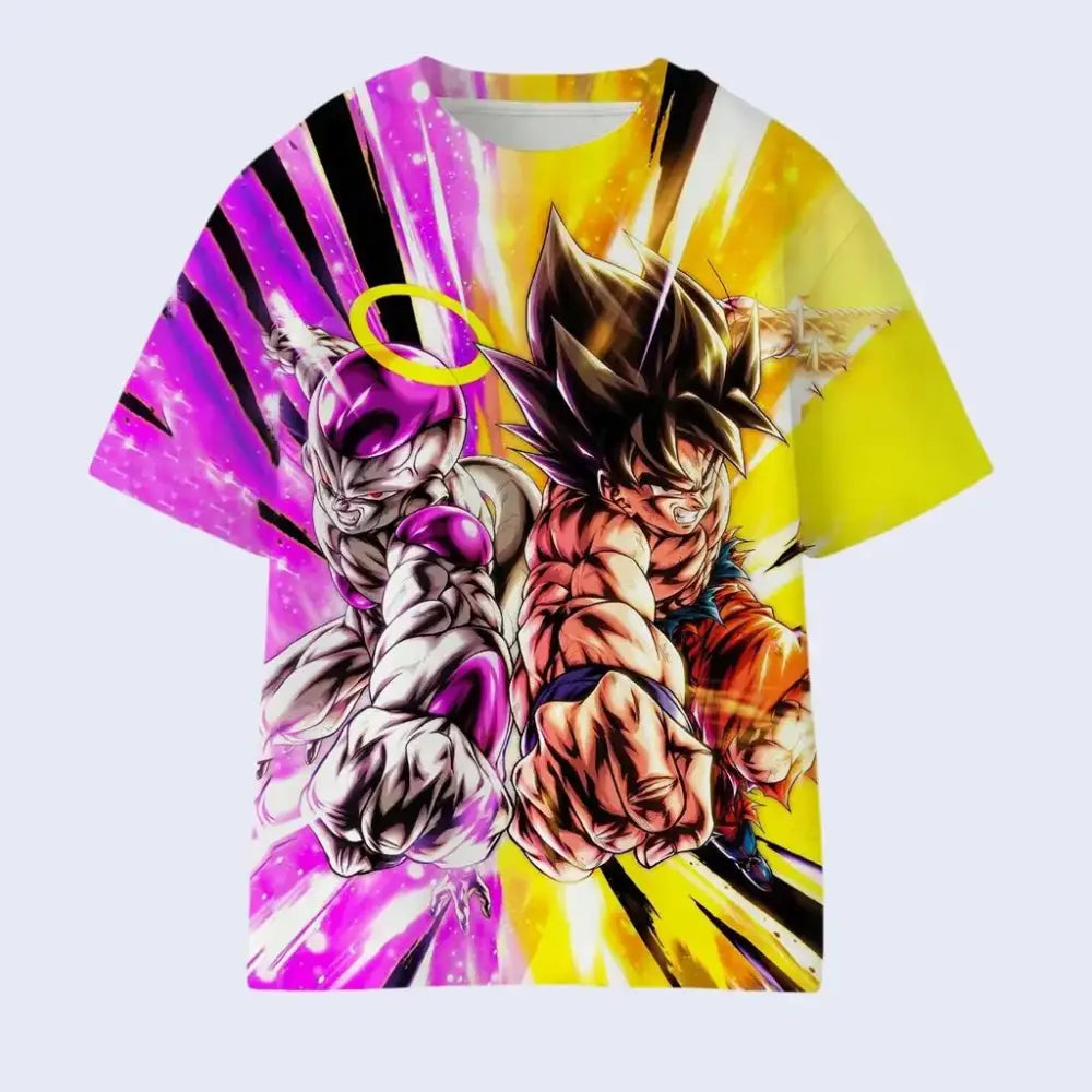Vibrant y2k style dragon ball goku 3d printed t-shirt with dynamic goku and frieza fight graphic and bold energy effects