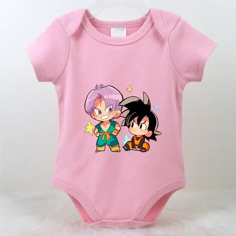 Pink short-sleeved baby romper featuring a cartoon graphic of two anime characters ideal for summer use