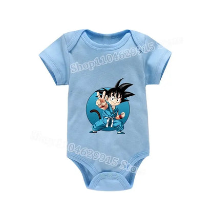 Light blue short-sleeved baby romper featuring a goku peace sign graphic perfect for skin-friendly summer wear