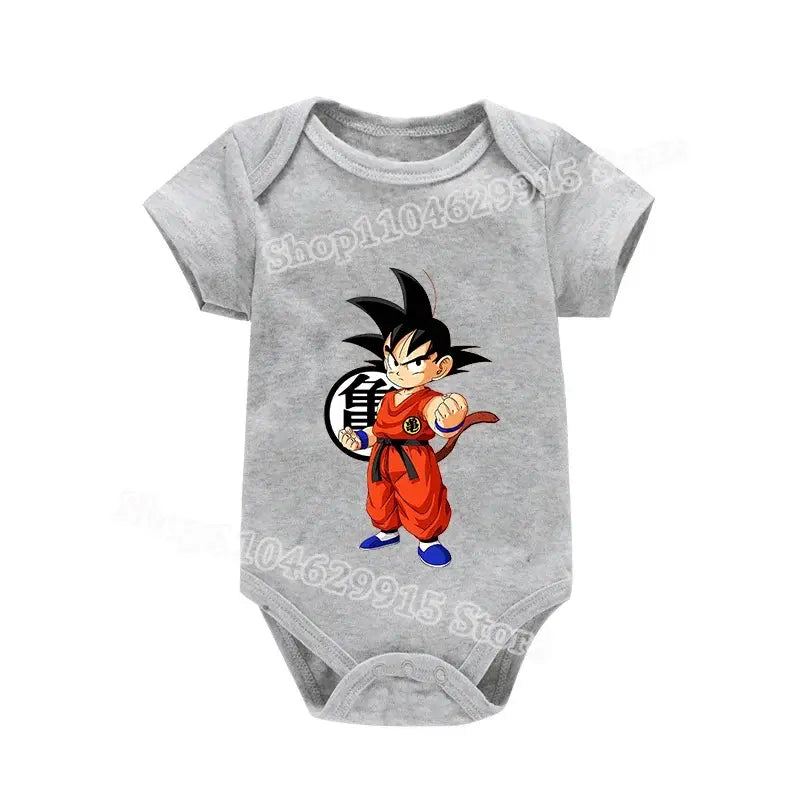 Gray short-sleeved baby romper featuring goku from dragon ball z in classic orange and blue outfit for summer wear