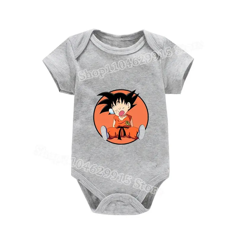 Gray short-sleeved baby romper with a circular orange goku graphic from dragon ball z perfect for summer wear
