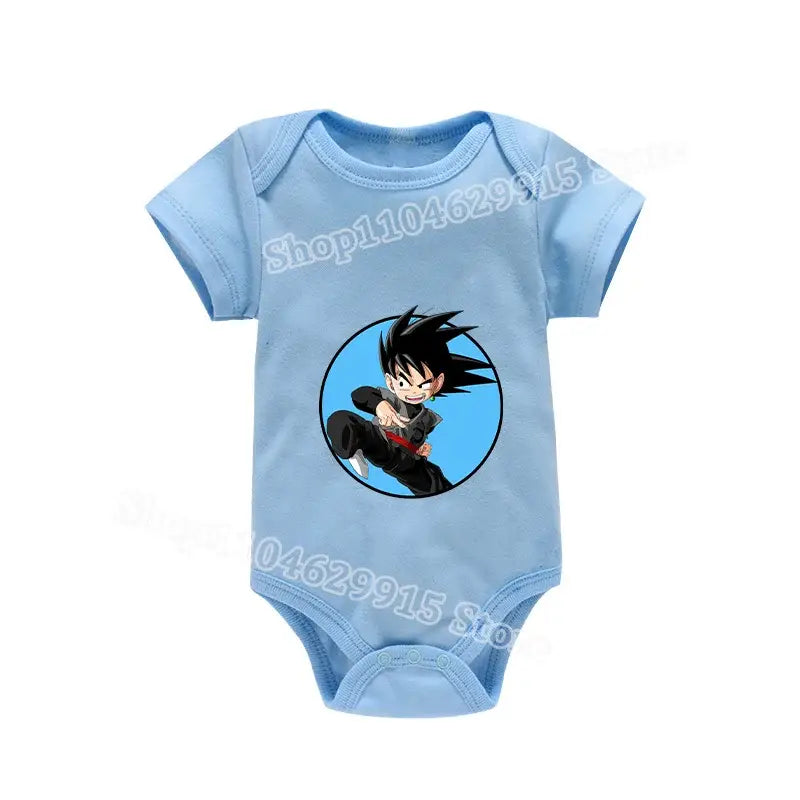 Light blue short-sleeved baby romper featuring a circular graphic of goku in black and red for skin-friendly summer wear